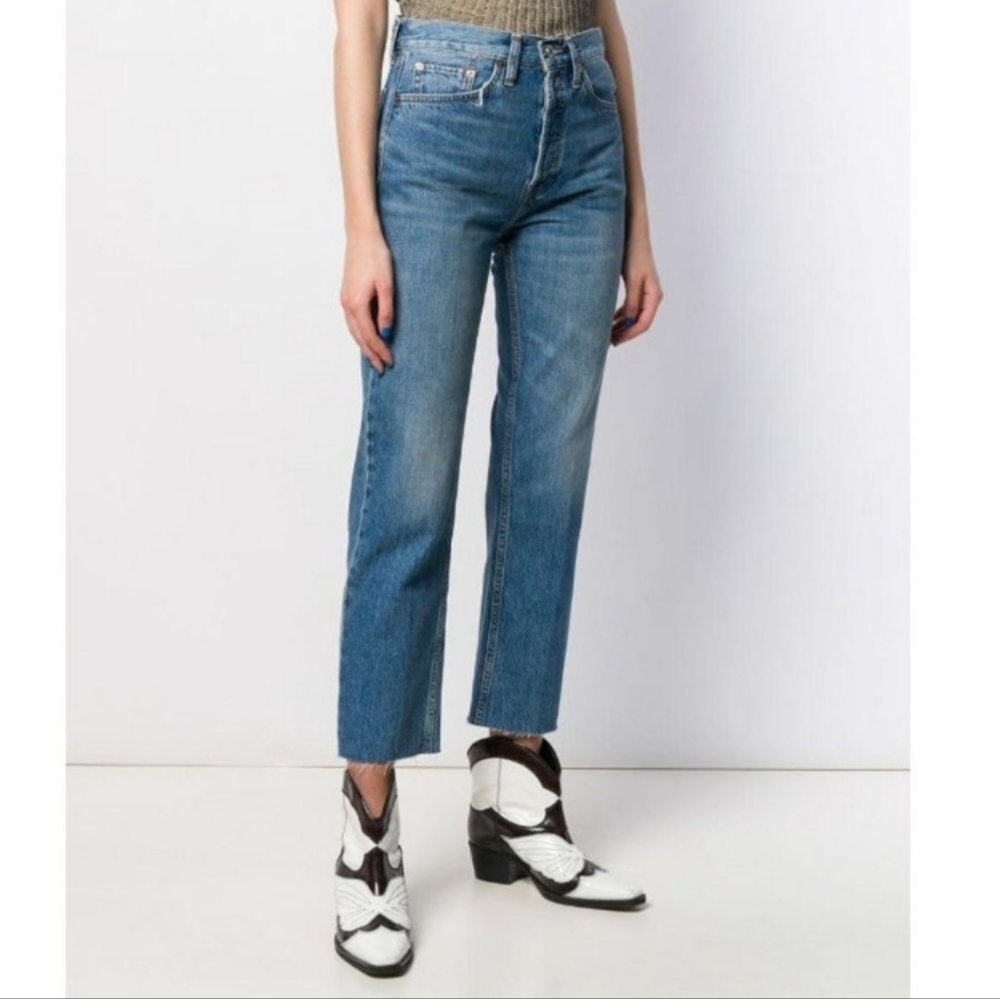 REDONE High Rise Med Vain Button Fly Frayed Hem Crop Jeans size 25